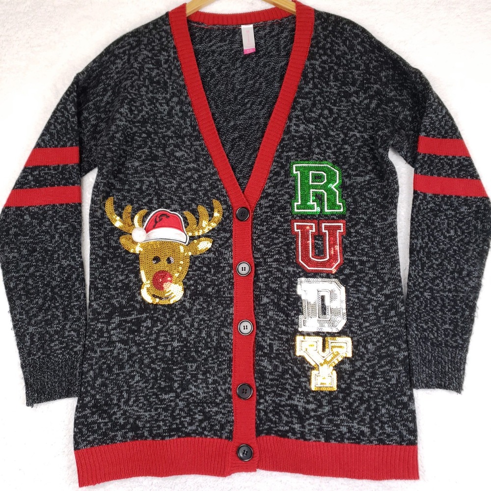 No Boundaries Reindeer Sequin Cardigan Sweater XL Charcoal Red Ugly Sweater